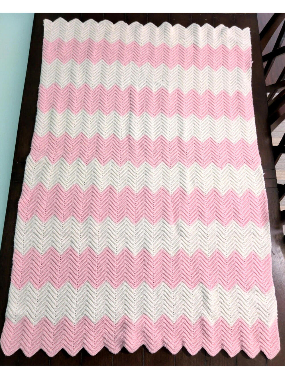 Handknit Crochet Afghan Throw 54" x 35" Pink & White Crib Nap Time Baby Blanket